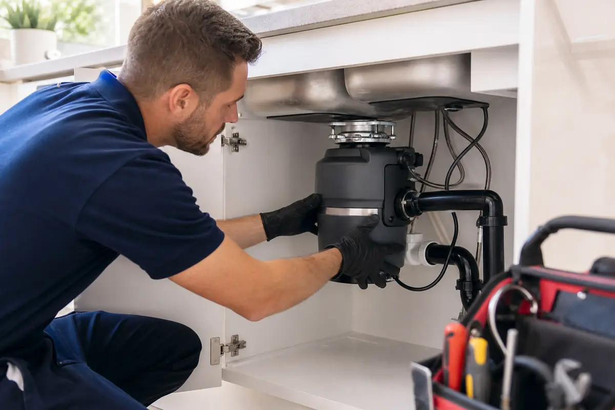 How to Fix a Jammed Garbage Disposal image showing kitchen plumbing and garbage disposal repair for Escondido, CA plumbing customers